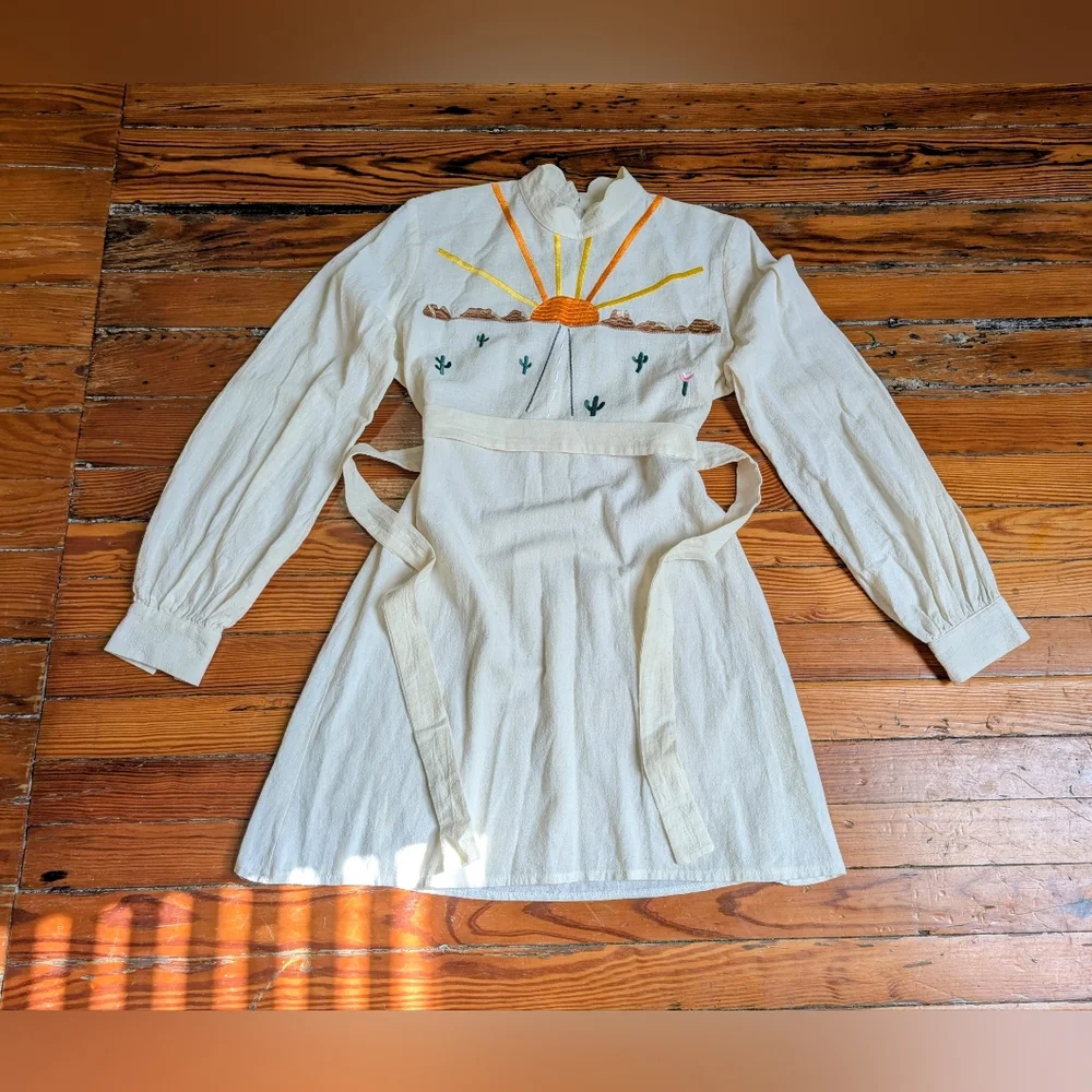 Desert Sun On The Road Embroidered Mini Dress S Southwest Boho Hippie Western - Picture 6 of 15